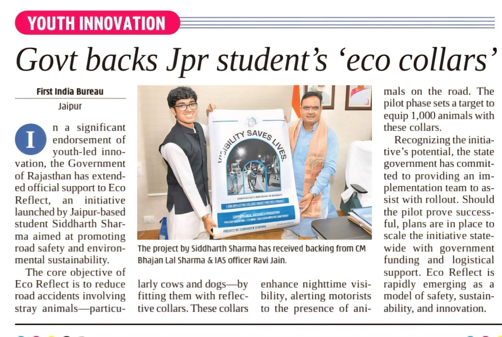 First India report headlined Govt backs Jpr student's eco collars